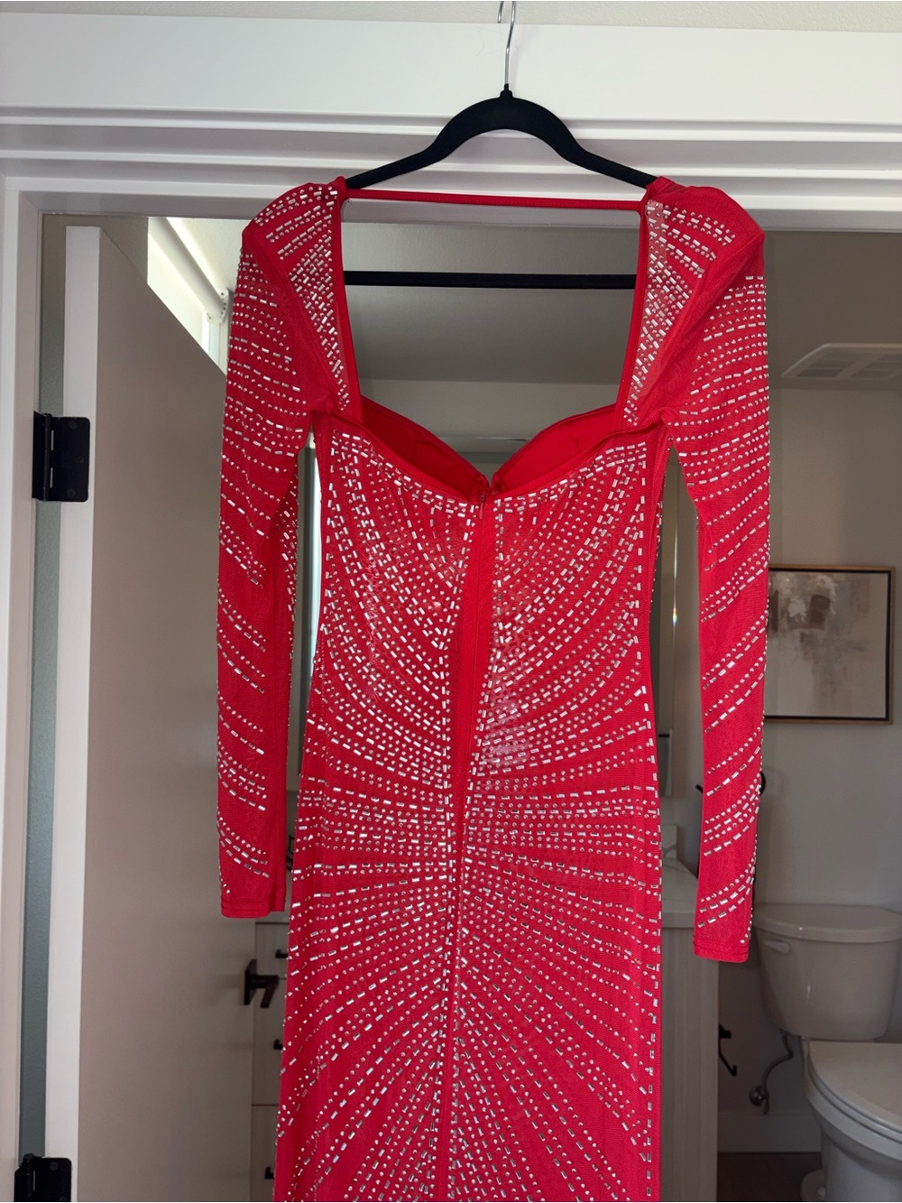 Macy's Red Long Sleeve Sequin Mesh Gown with Sculpted Bust - Picture 9 of 13